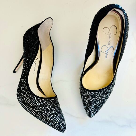 NEW JESSICA SIMPSON Black Silver Crystal Wayva Pointy Toe Stiletto Pumps Heels 8 - Picture 1 of 13